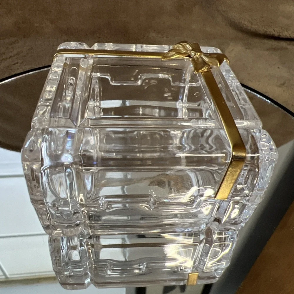 Vintage Glass Cut Jewelry Trinket Box With Gold Bow‎ On Top. Made in Italy
